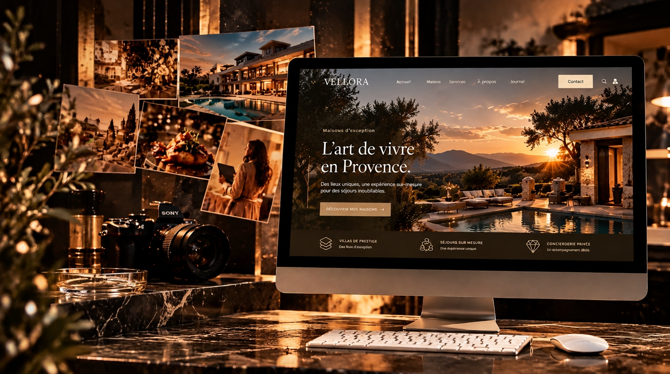 Studio créatif à l'ambiance dorée avec un site web premium à l'écran